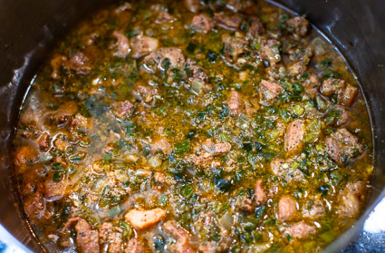 simmered meat mixture in pot