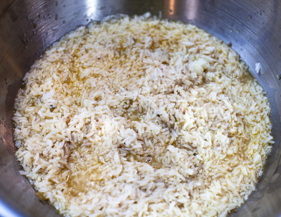 rice in bowl absorbing meat liquids