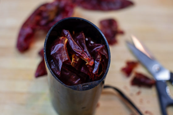 cut up chiles in spice grinder