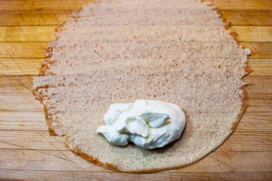 cream cheese mixture on bottom edge of crepe