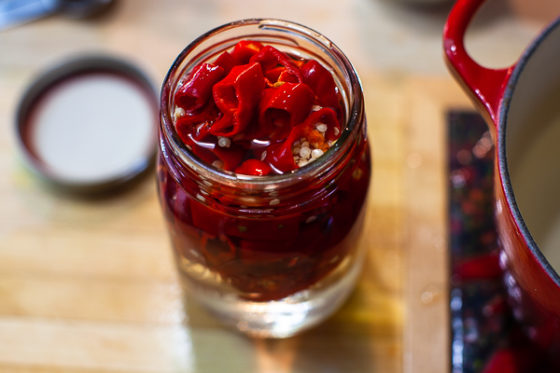 glass jar filled with chiles and vinegar solution