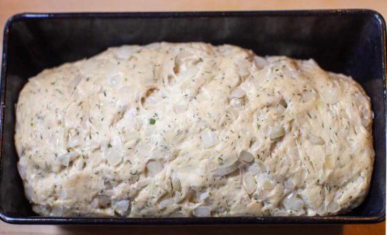 Swedish dill bread in bread loaf pan ready for second rise