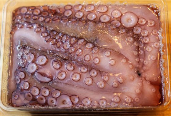 Plastic rectangular container with one 4lb Octopus on a wood cutting board.