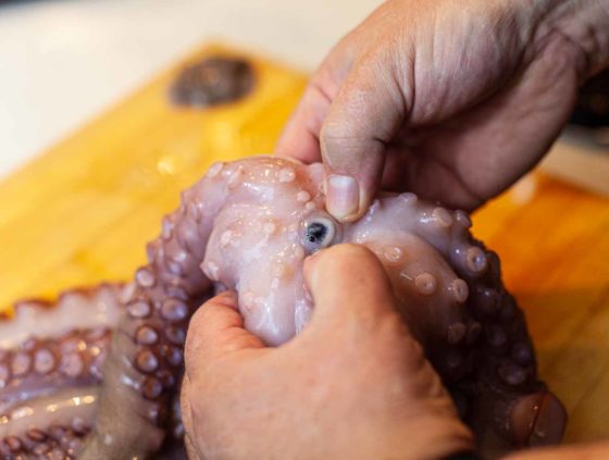 Two hands on the underside of an Octopus over a wood cutting board.